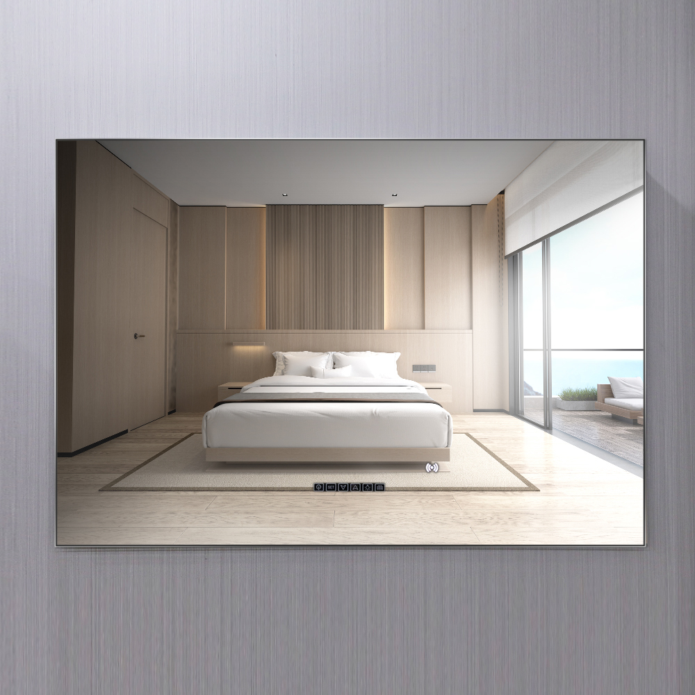 Specchio da bagno da parete decorativo quadrato con visualizzazione dell'orologio a led impermeabile su misura con cornice