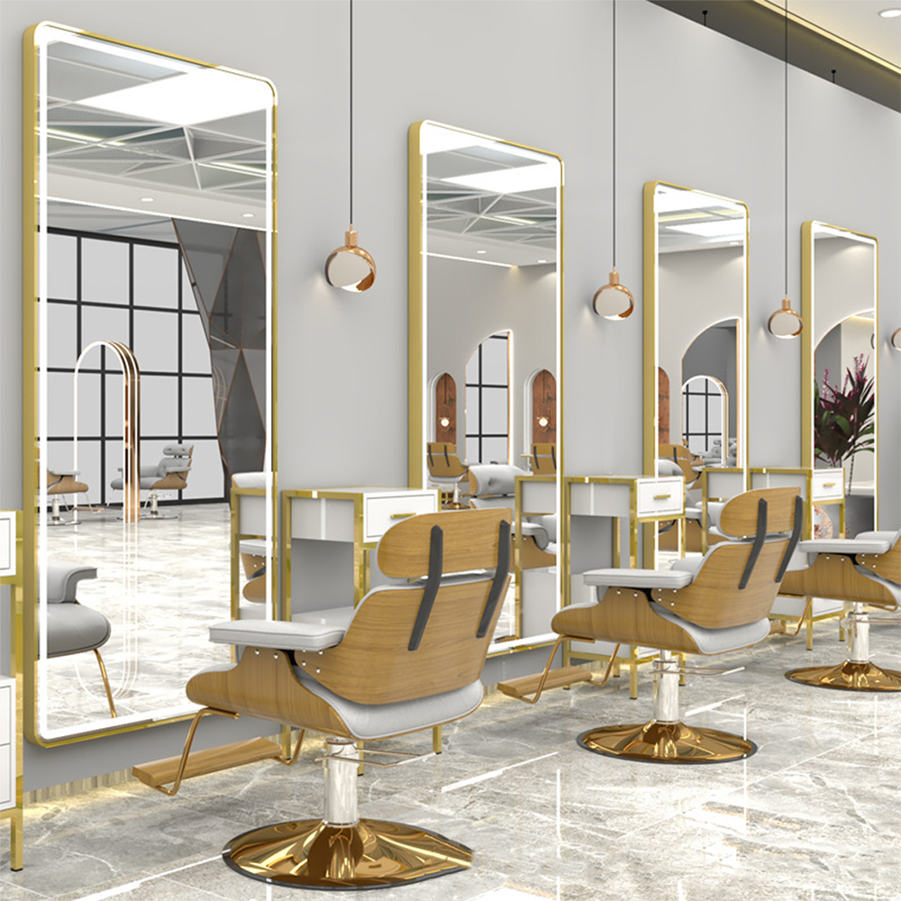 Armadietto a specchio per lampada a led di lusso in oro per parrucchiere Salone di bellezza Specchio per salone di bellezza a led con specchio per lo styling della porta per parrucchiere