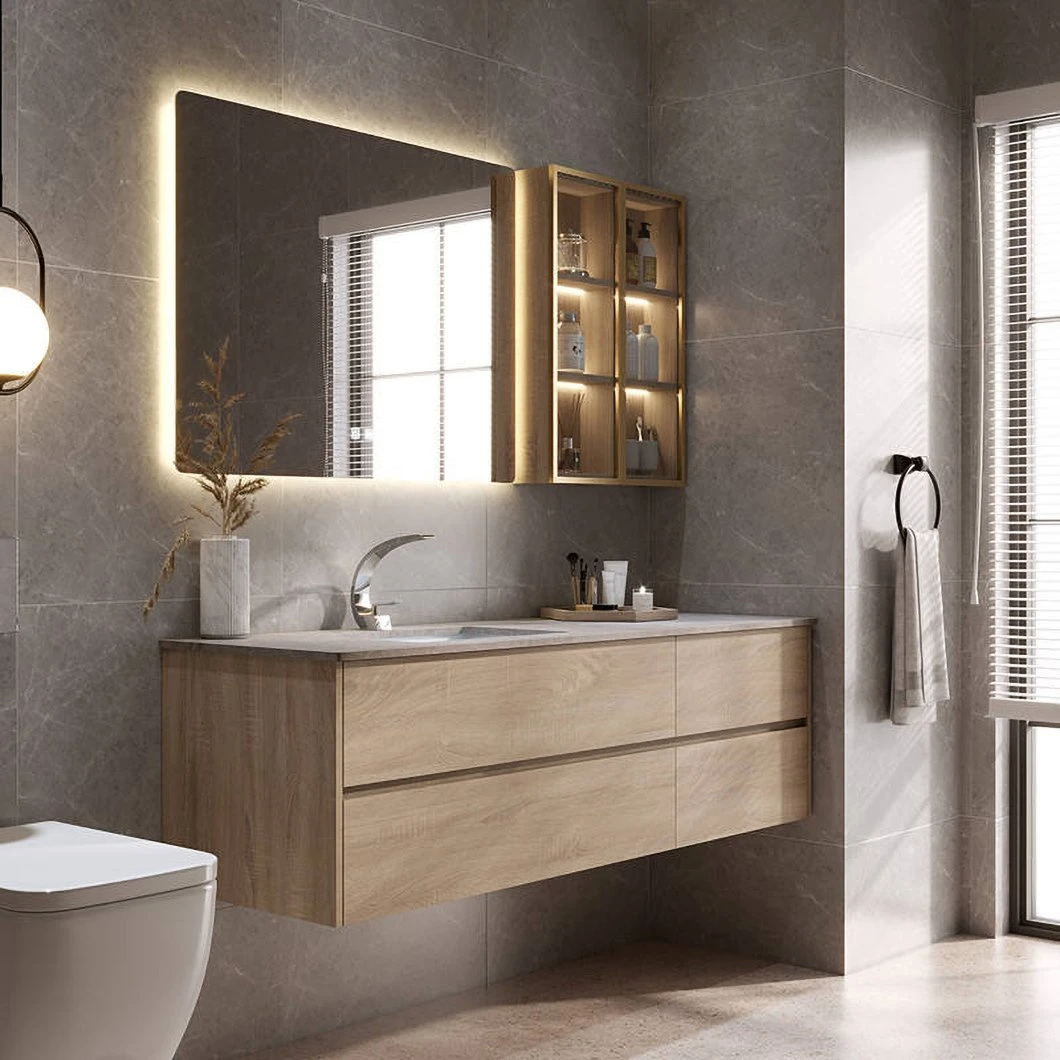 Set di vanità da bagno economico personalizzato in fabbrica LED Armadietto da bagno in legno impermeabile LED Armadietto a specchio intelligente a specchio