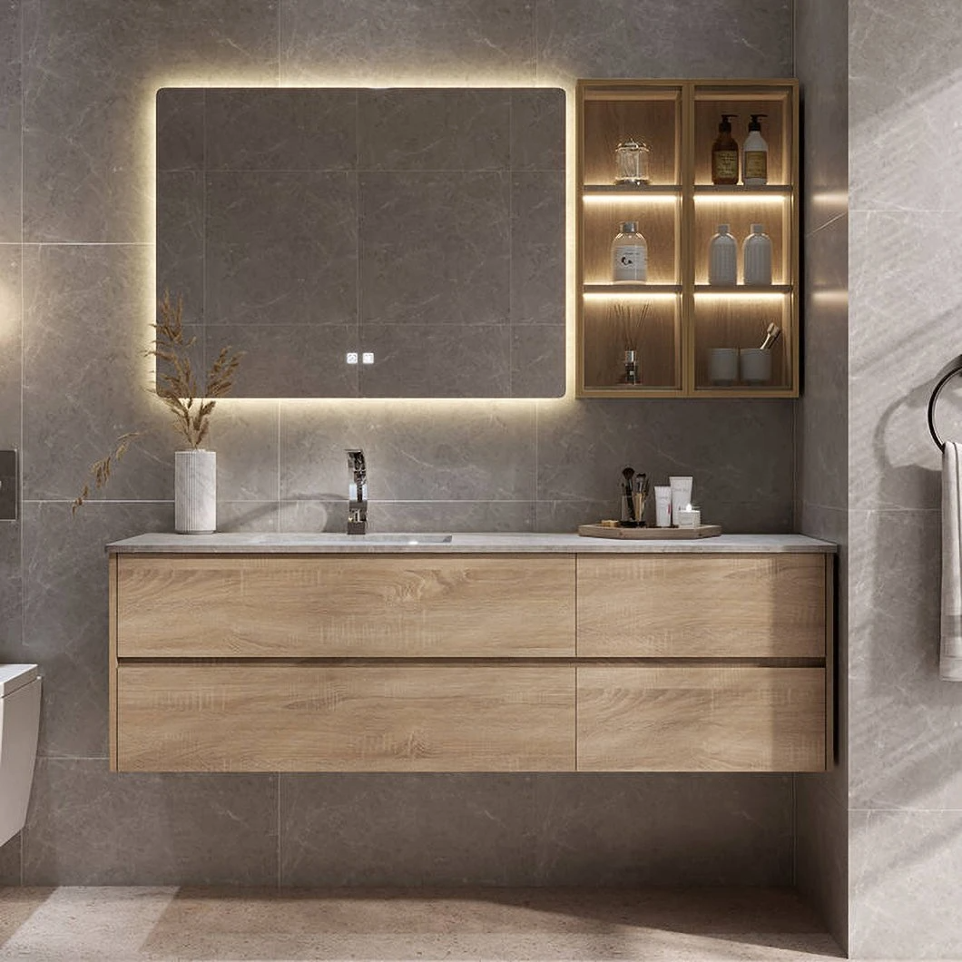 Set di vanità da bagno economico personalizzato in fabbrica LED Armadietto da bagno in legno impermeabile LED Armadietto a specchio intelligente a specchio