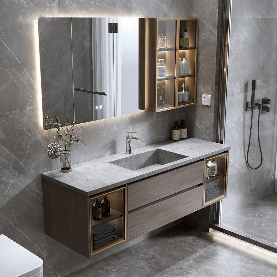 Set di vanità da bagno economico personalizzato in fabbrica LED Armadietto da bagno in legno impermeabile LED Armadietto a specchio intelligente a specchio