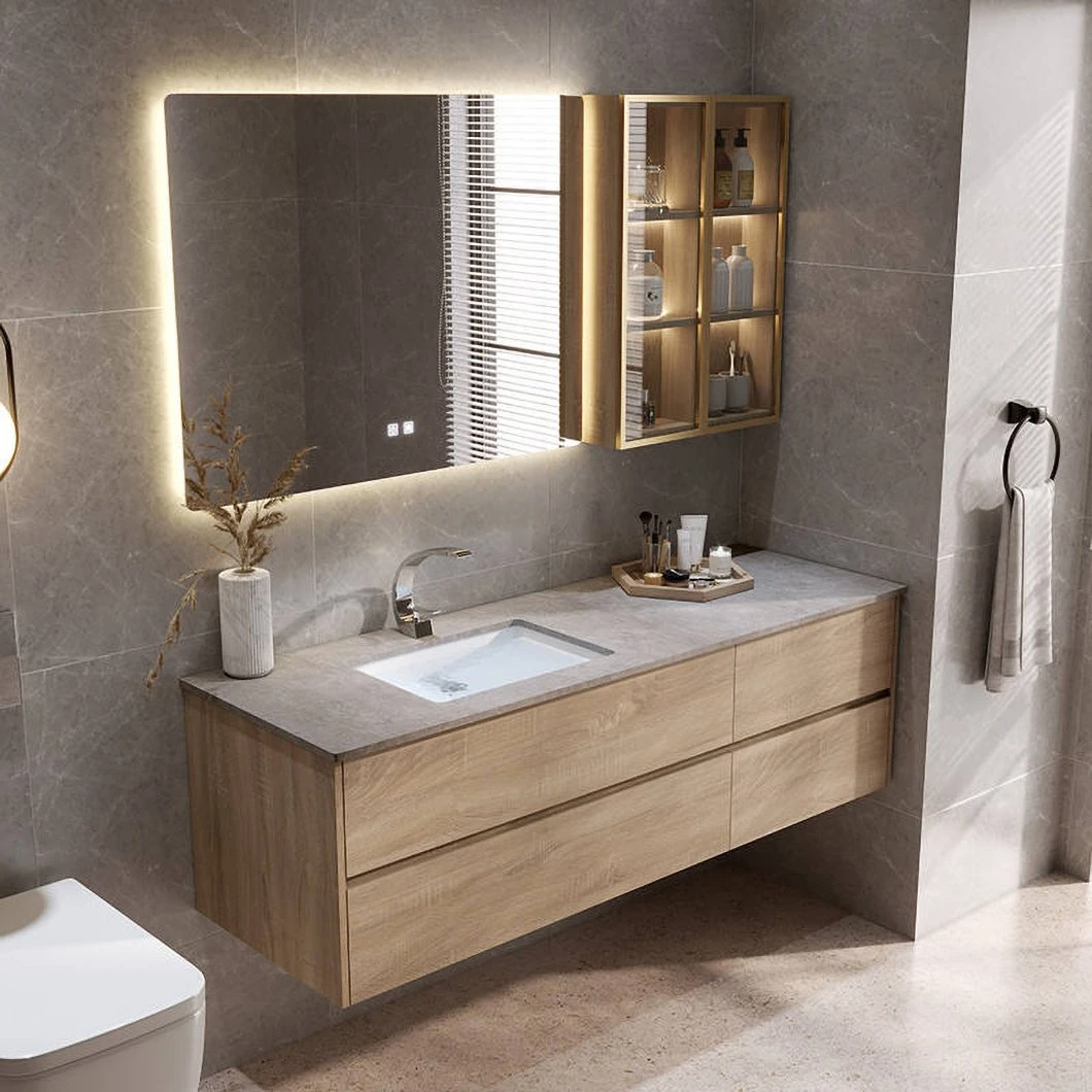 Set di vanità da bagno economico personalizzato in fabbrica LED Armadietto da bagno in legno impermeabile LED Armadietto a specchio intelligente a specchio