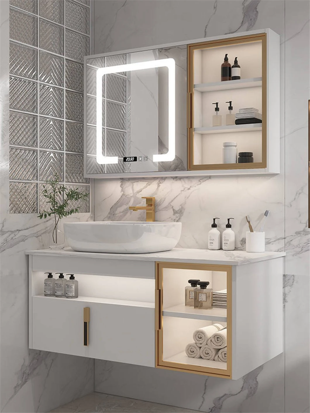Armadietto da bagno in legno impermeabile con doppio lavabo da bagno moderno per hotel con armadietto a specchio intelligente
