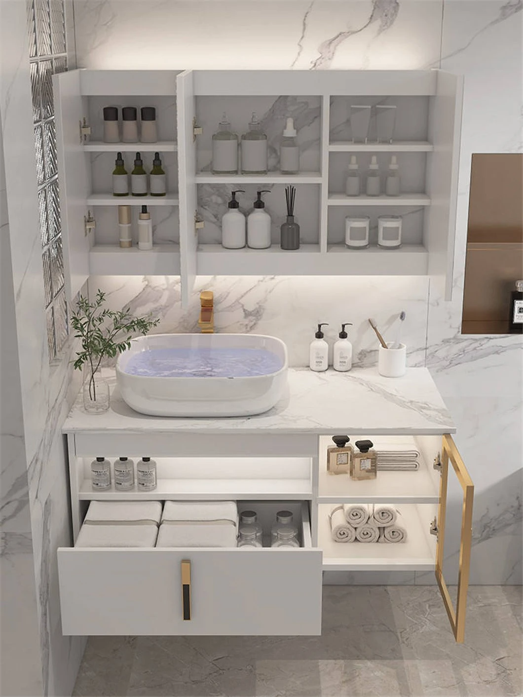 Armadietto da bagno in legno impermeabile con doppio lavabo da bagno moderno per hotel con armadietto a specchio intelligente