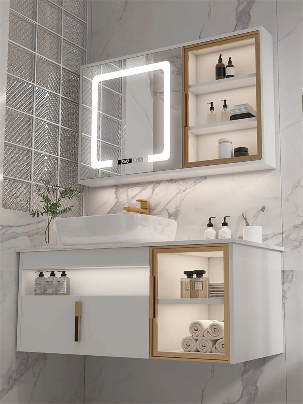 Armadietto da bagno in legno impermeabile con doppio lavabo da bagno moderno per hotel con armadietto a specchio intelligente