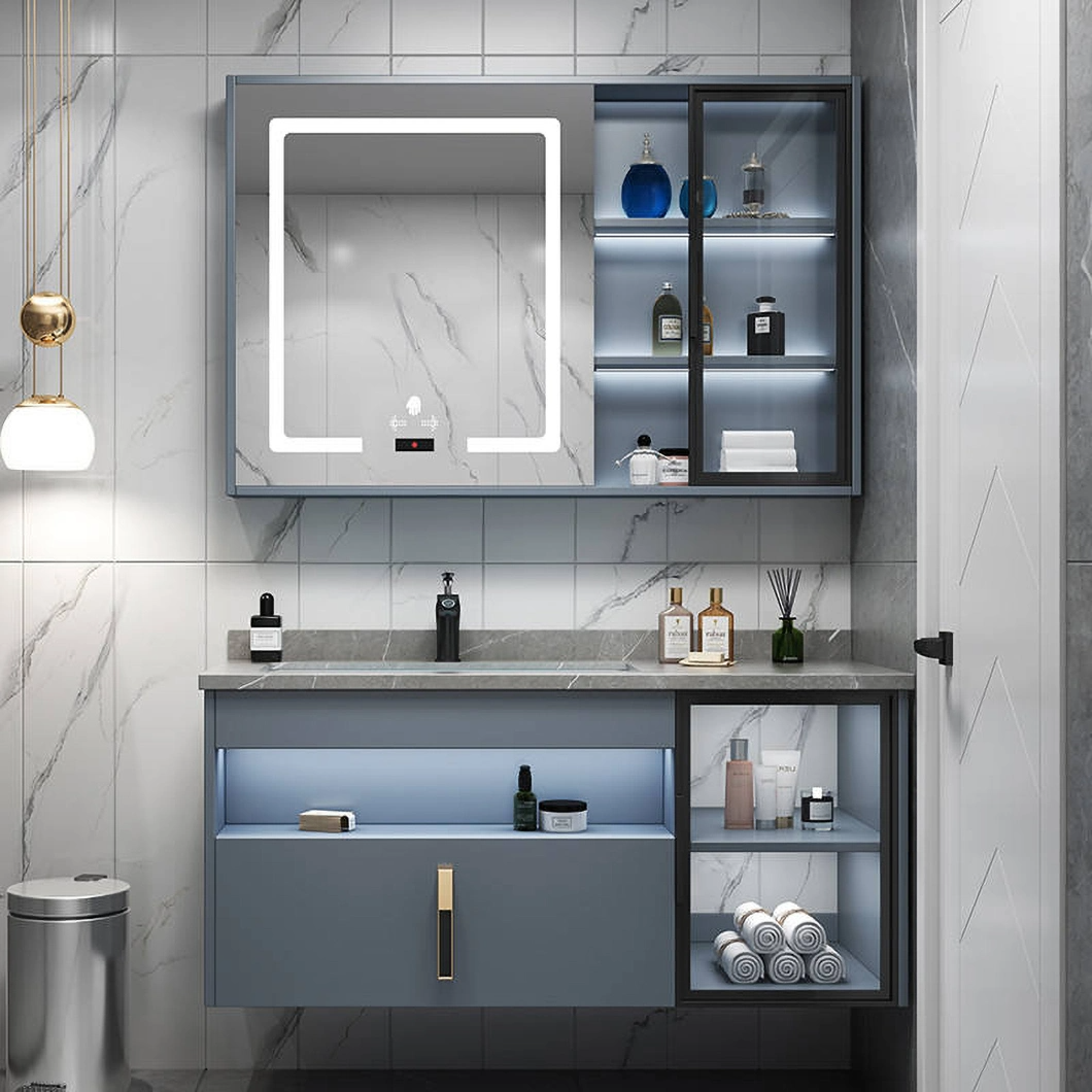Armadietto da bagno in legno impermeabile con doppio lavabo da bagno moderno per hotel con armadietto a specchio intelligente