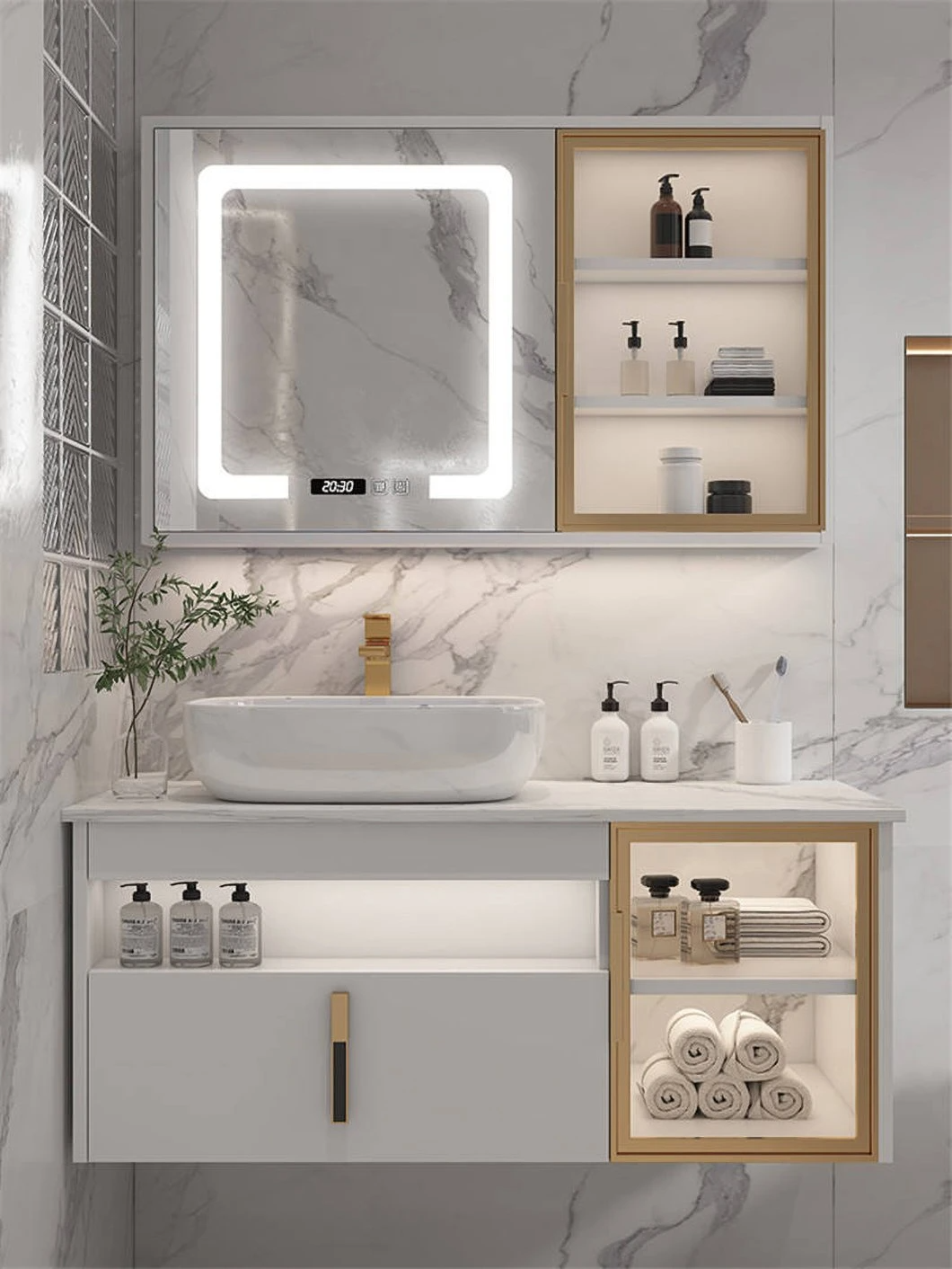 Armadietto da bagno in legno impermeabile con doppio lavabo da bagno moderno per hotel con armadietto a specchio intelligente