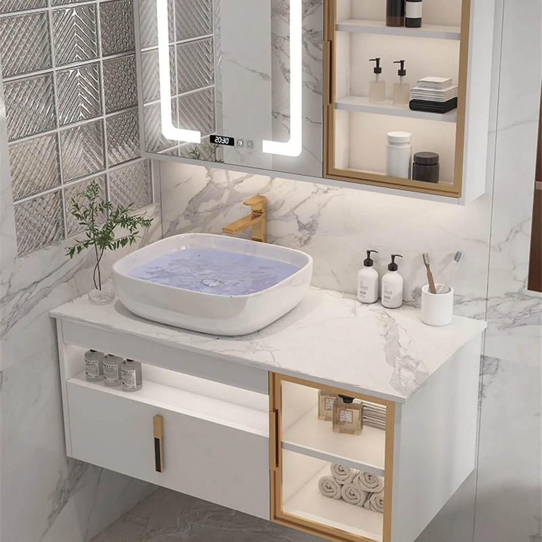 Armadietto da bagno in legno impermeabile con doppio lavabo da bagno moderno per hotel con armadietto a specchio intelligente