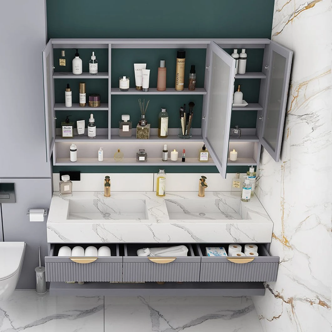 Mobile da bagno in marmo di lusso con doppio lavabo, mobile da bagno in alluminio con mobile a specchio