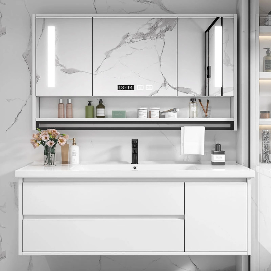 Mobile da bagno in marmo di lusso con doppio lavabo, mobile da bagno in alluminio con mobile a specchio