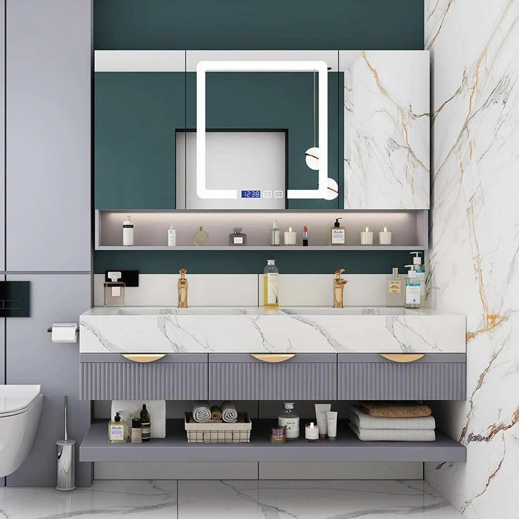Mobile da bagno in marmo di lusso con doppio lavabo, mobile da bagno in alluminio con mobile a specchio
