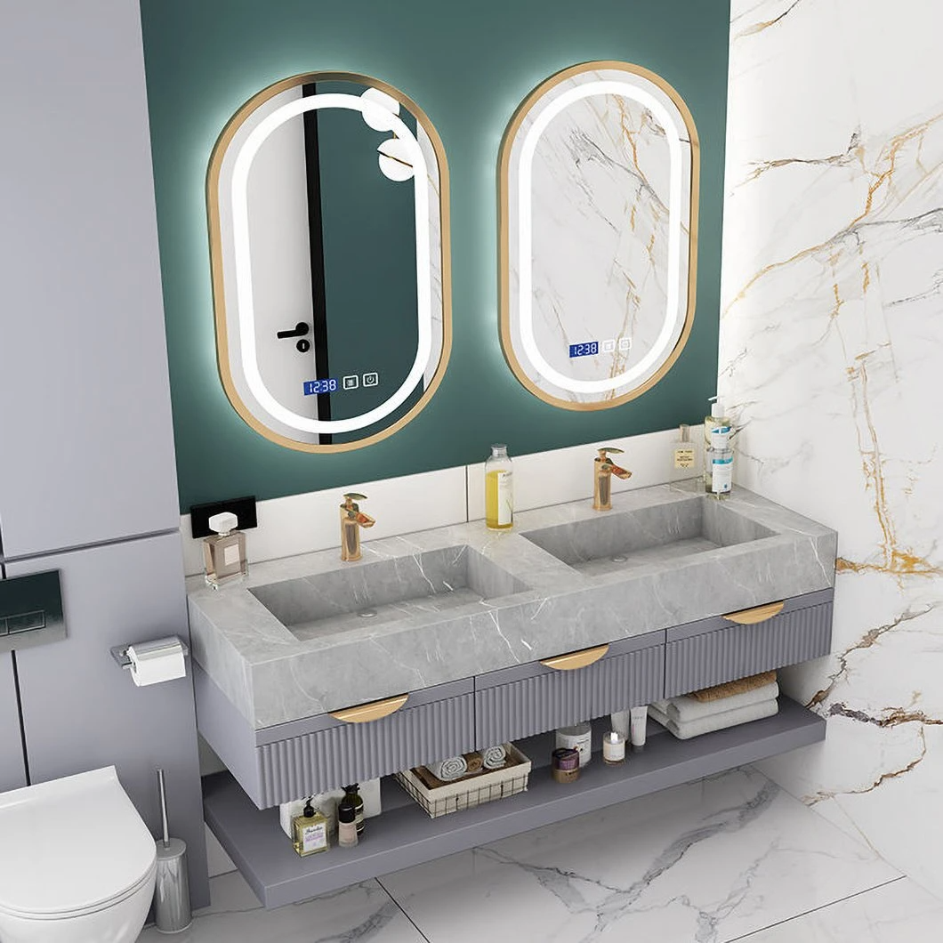 Mobile da bagno in marmo di lusso con doppio lavabo, mobile da bagno in alluminio con mobile a specchio