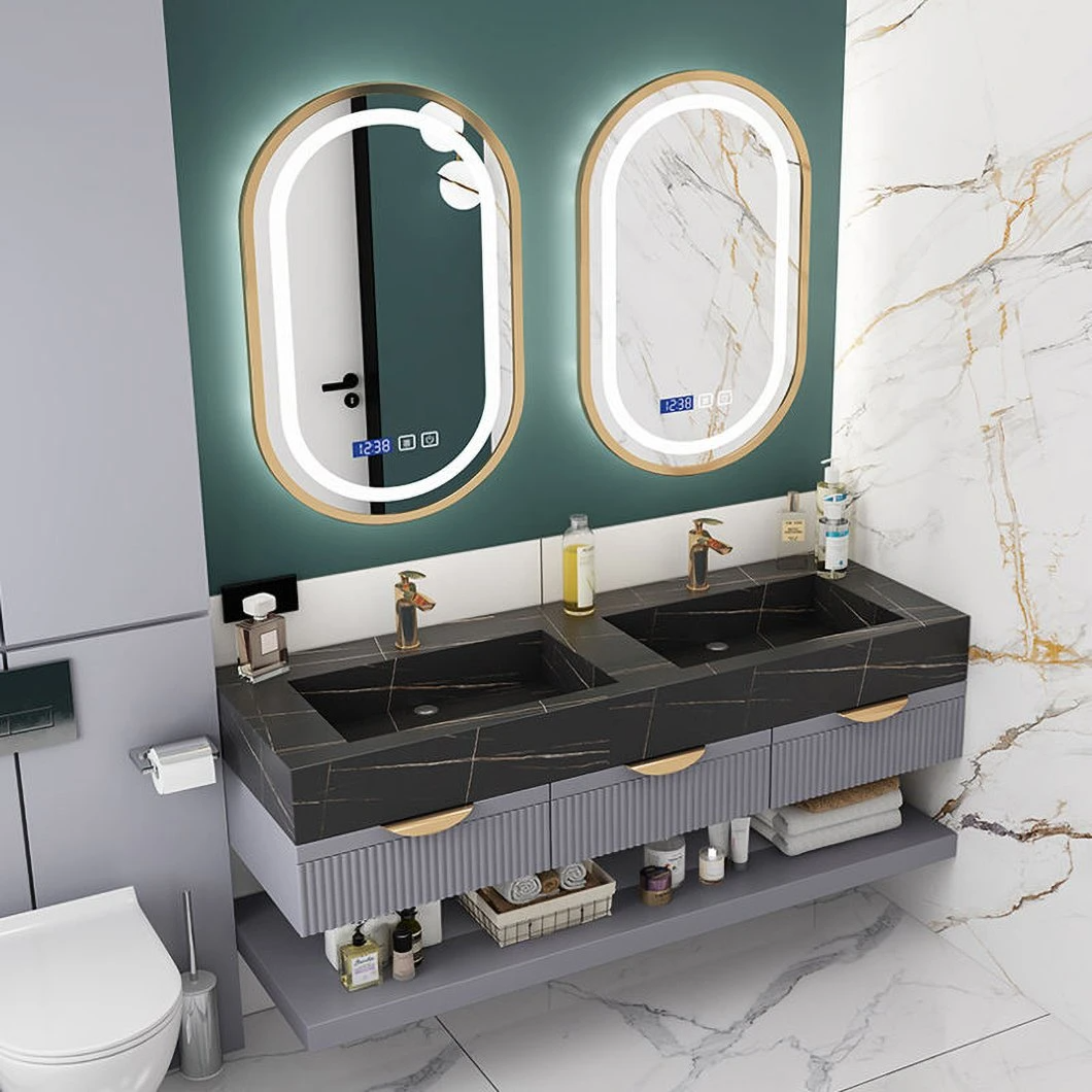Mobile da bagno in marmo di lusso con doppio lavabo, mobile da bagno in alluminio con mobile a specchio