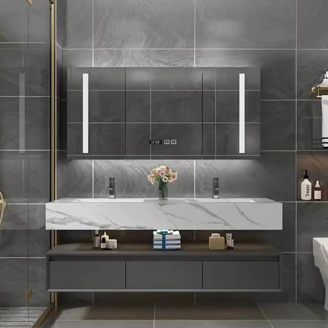 Mobile da bagno in marmo di lusso con doppio lavabo, mobile da bagno in alluminio con mobile a specchio