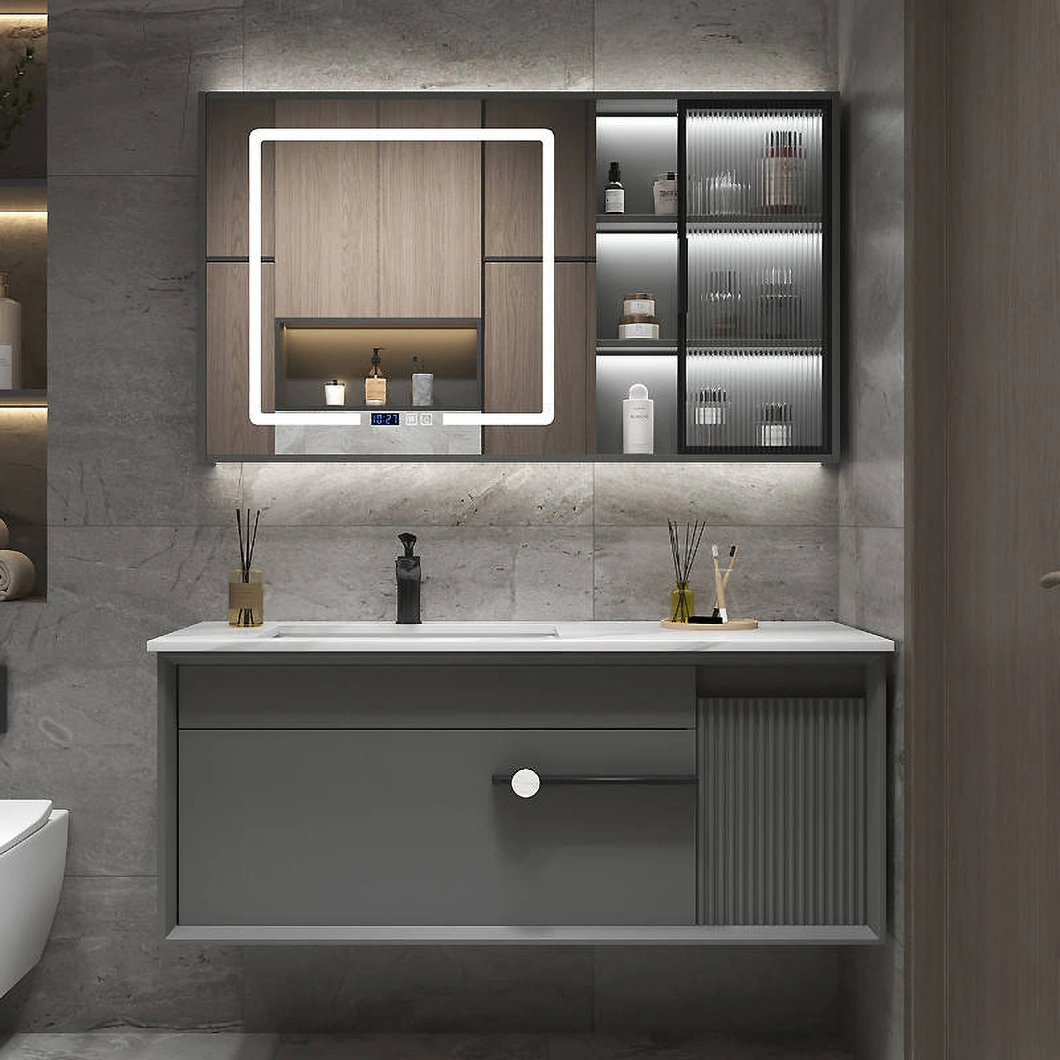 Set da toeletta moderno di lusso con mobile da bagno in legno massello nero lucido con specchio a LED