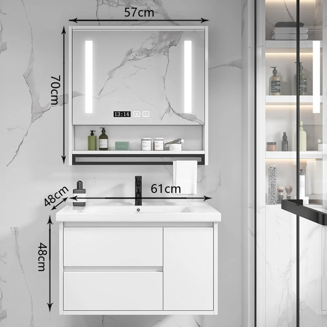 Armadietto da toeletta moderno bianco da parete impermeabile per medicinali da bagno in rovere con armadietto a specchio