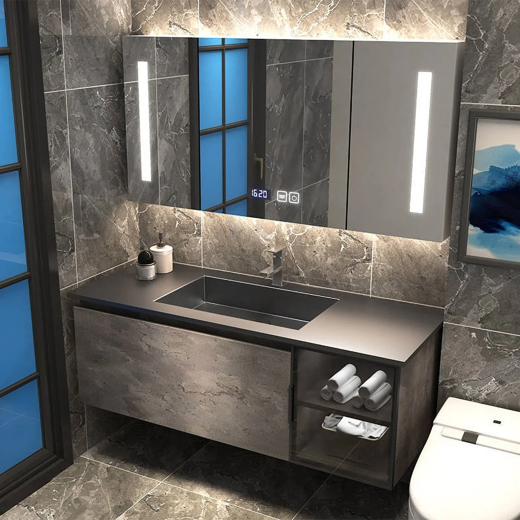 Set di armadietti per il trucco da bagno in marmo di lusso moderno. Armadietto in legno massello nero per appartamento con armadietto a specchio