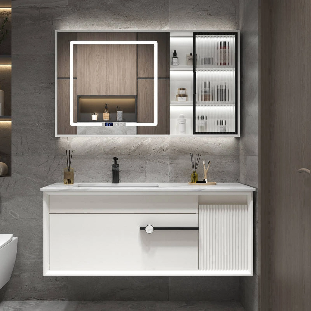 Set da toeletta moderno di lusso con mobile da bagno in legno massello nero lucido con specchio a LED