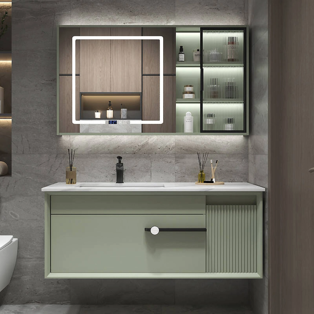 Set da toeletta moderno di lusso con mobile da bagno in legno massello nero lucido con specchio a LED
