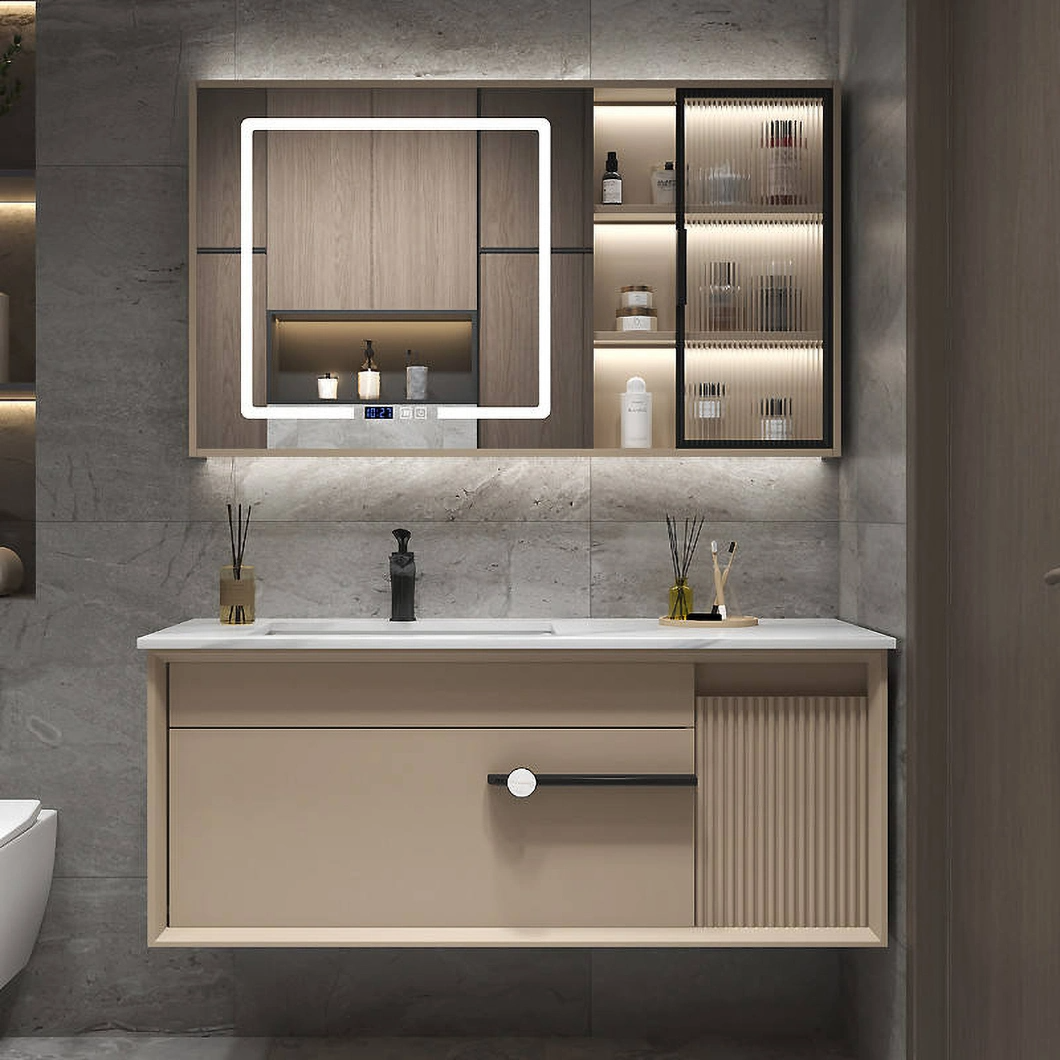 Set da toeletta moderno di lusso con mobile da bagno in legno massello nero lucido con specchio a LED