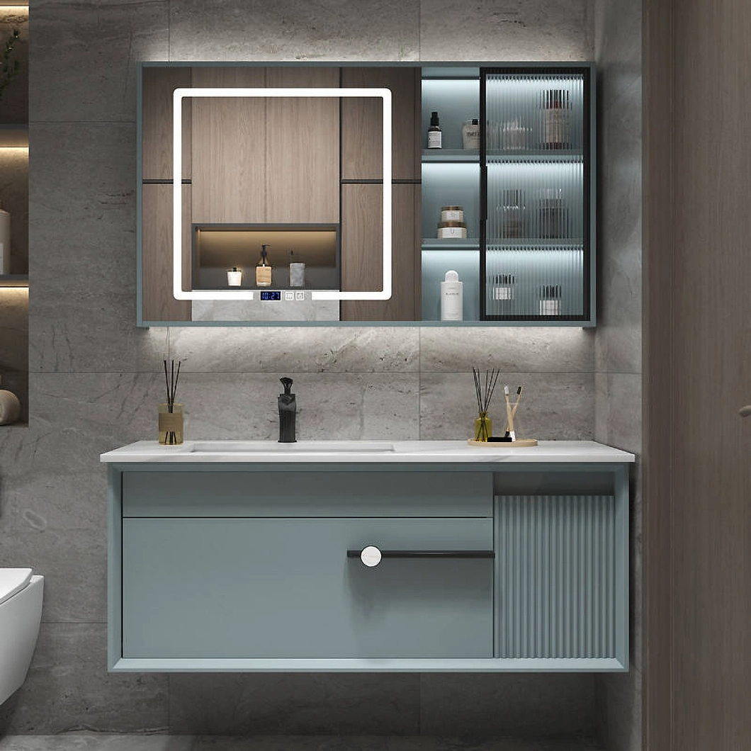 Set da toeletta moderno di lusso con mobile da bagno in legno massello nero lucido con specchio a LED