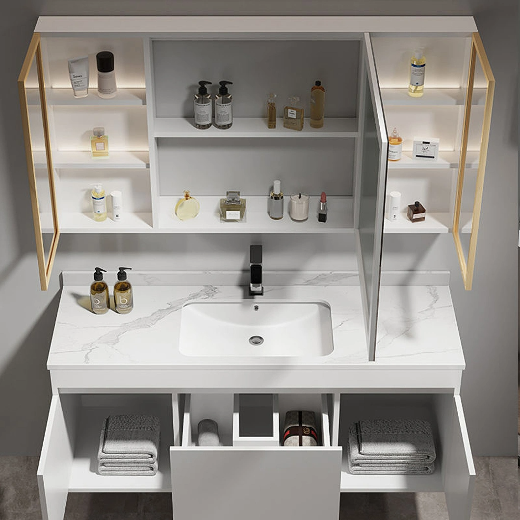 Moderno Mobile Lavatoio e Spogliatoio in Legno Massello Mobili da Bagno Neri Lussuoso Mobile da Bagno con Armadietto a Specchio Intelligente