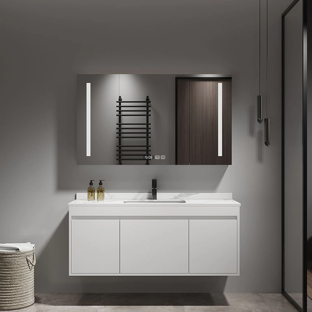 Moderno Mobile Lavatoio e Spogliatoio in Legno Massello Mobili da Bagno Neri Lussuoso Mobile da Bagno con Armadietto a Specchio Intelligente