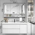 Armadietto da toeletta moderno bianco da parete impermeabile per medicinali da bagno in rovere con armadietto a specchio
