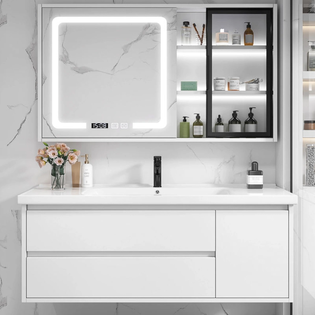 Armadietto da toeletta moderno bianco da parete impermeabile per medicinali da bagno in rovere con armadietto a specchio