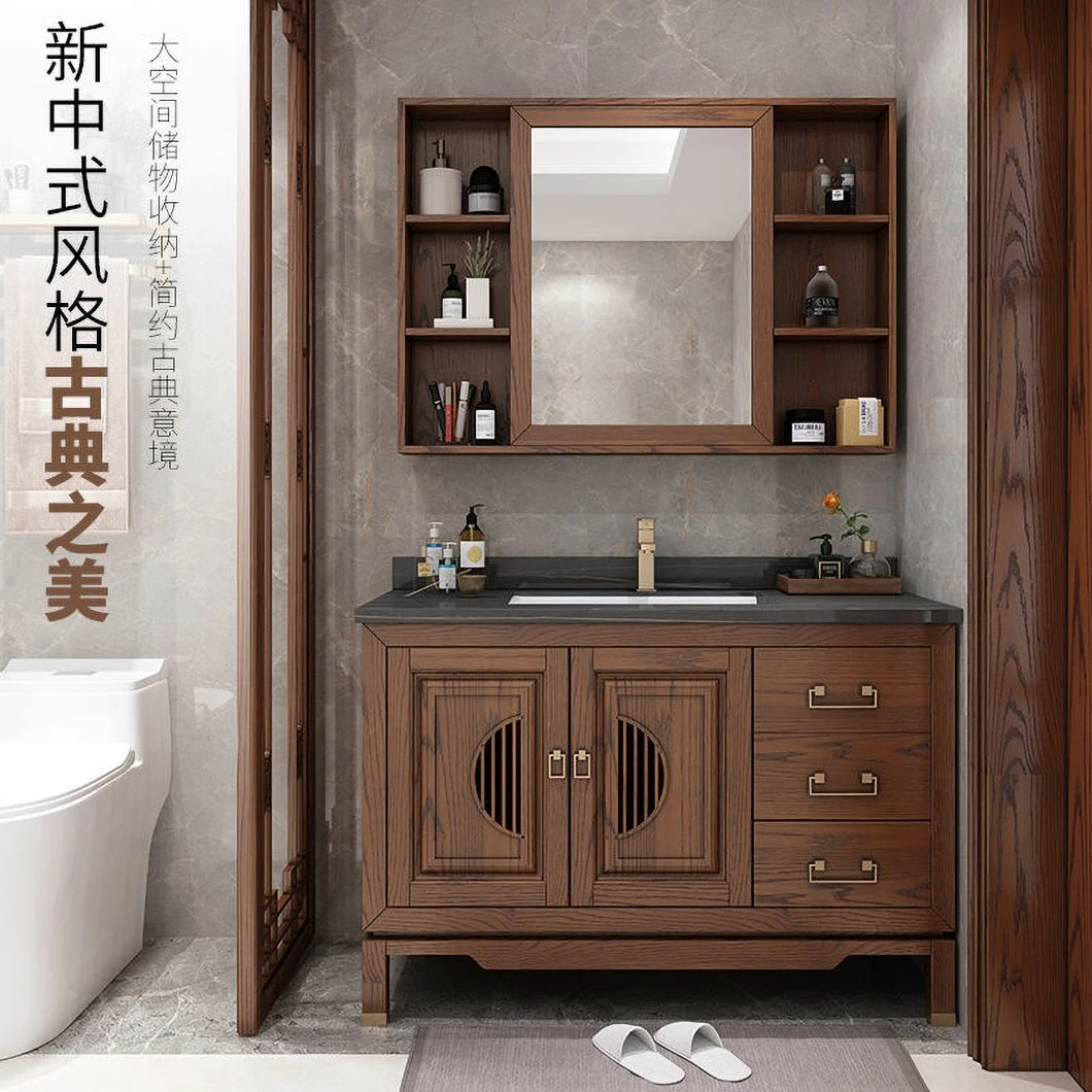 Mobiletto per lavabo Mobiletto per bagno in legno massello di design tradizionale Mobiletto per bagno con doppio lavabo a specchio Grano di legno caldo