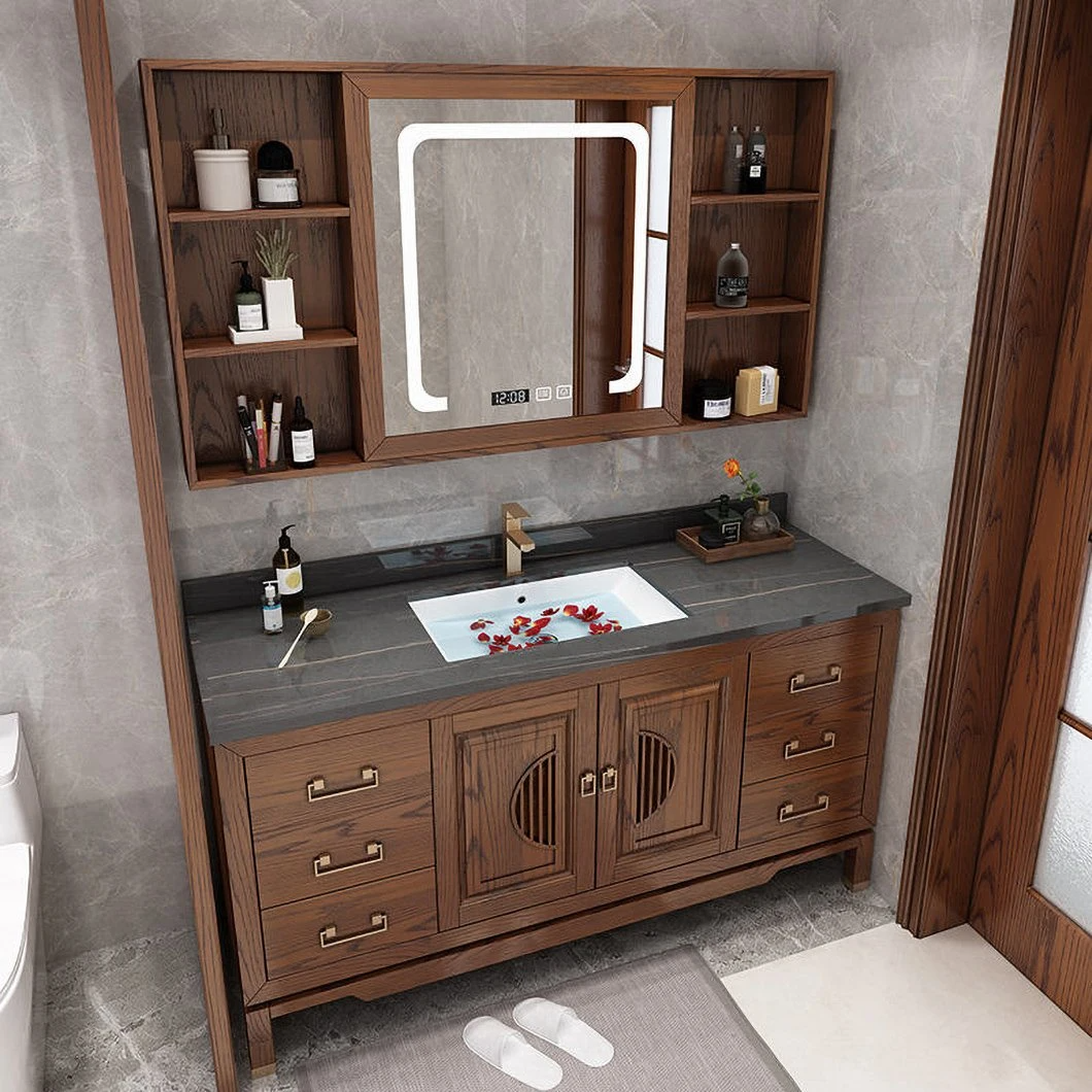 Mobiletto per lavabo Mobiletto per bagno in legno massello di design tradizionale Mobiletto per bagno con doppio lavabo a specchio Grano di legno caldo