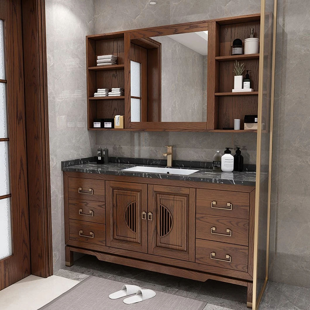 Mobiletto per lavabo Mobiletto per bagno in legno massello di design tradizionale Mobiletto per bagno con doppio lavabo a specchio Grano di legno caldo