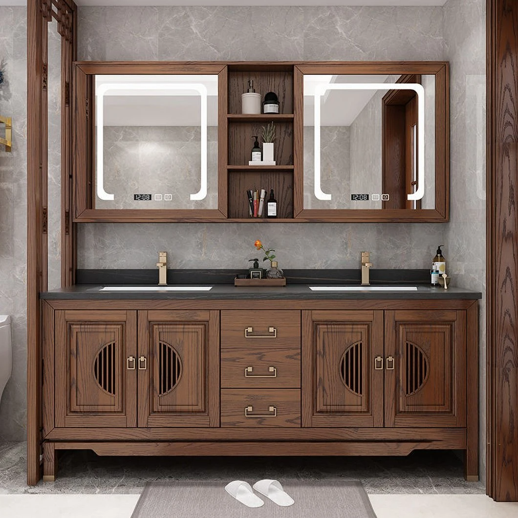 Mobiletto per lavabo Mobiletto per bagno in legno massello di design tradizionale Mobiletto per bagno con doppio lavabo a specchio Grano di legno caldo