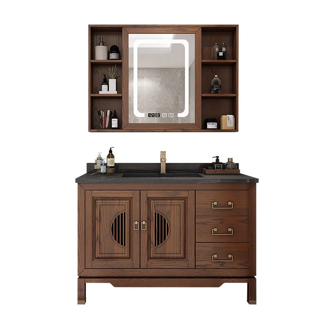 Mobiletto per lavabo Mobiletto per bagno in legno massello di design tradizionale Mobiletto per bagno con doppio lavabo a specchio Grano di legno caldo