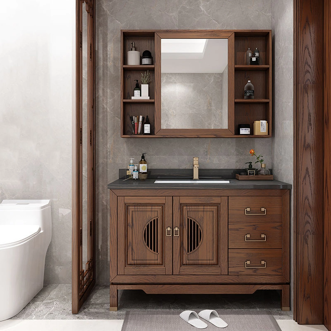 Mobiletto per lavabo Mobiletto per bagno in legno massello di design tradizionale Mobiletto per bagno con doppio lavabo a specchio Grano di legno caldo