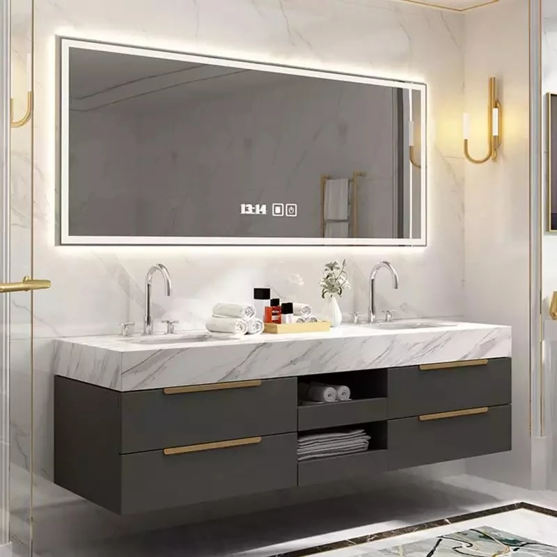 Bagno moderno europeo con specchio da 72 pollici vendita calda doppio lavabo mobile da bagno galleggiante in melamina