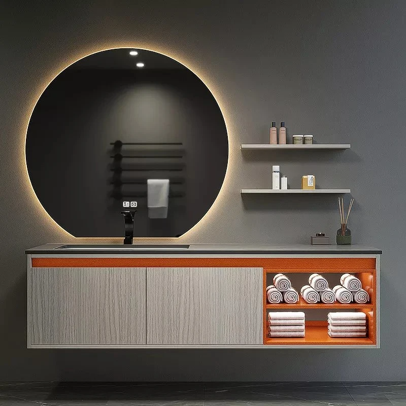Vanità economica moderna del bagno di nuovo colore caldo europeo con lo specchio rotondo LED del lavandino della nave