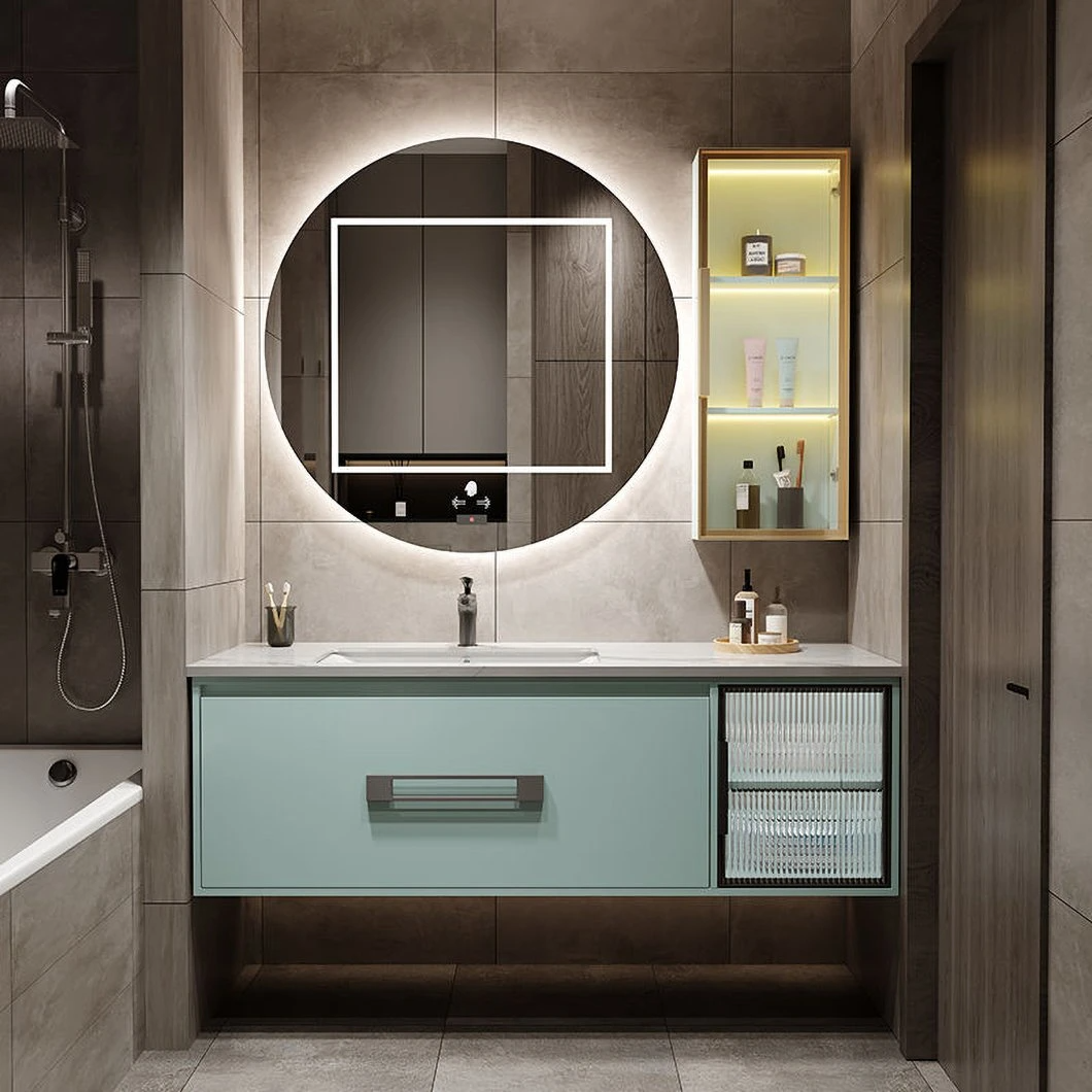 Combinazione di armadietti da bagno per lavabo integrato in ceramica a specchio LED intelligente di lusso con luce minimalista OEM