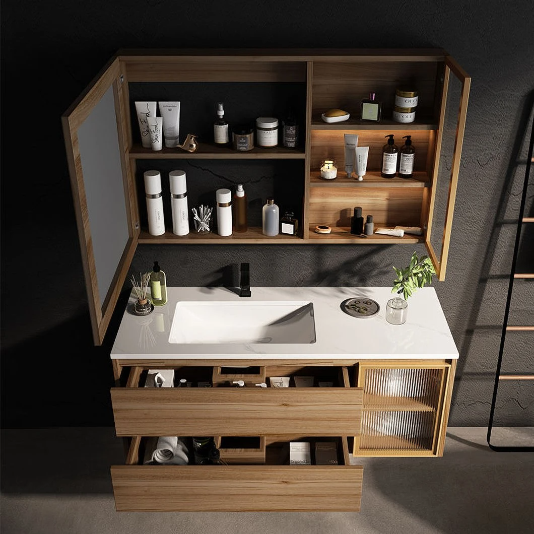 OEM nordico moderno colore log specchio rotondo bagno vanità combinazione lavabo mobiletto da bagno in legno massello con lavandino