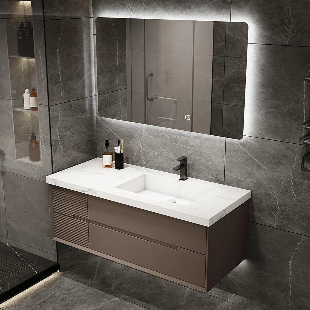 Armadietto da bagno per lavabo da bagno in legno massello minimalista di lusso in ardesia di marmo personalizzato OEM con specchio a LED