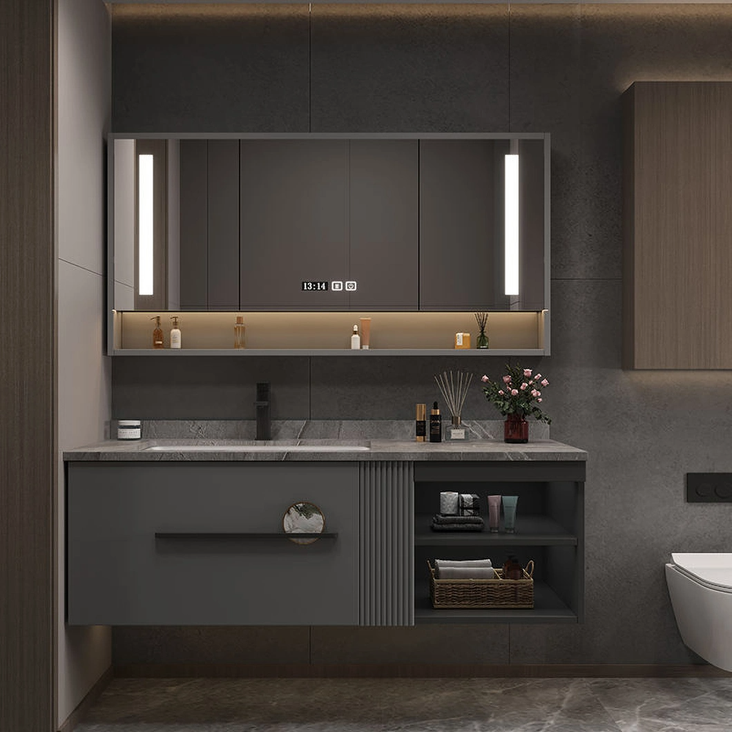 Combinazione di mobili da bagno in legno massello per lavabo da bagno grigio chiaro di lusso in ardesia personalizzata di design OEM