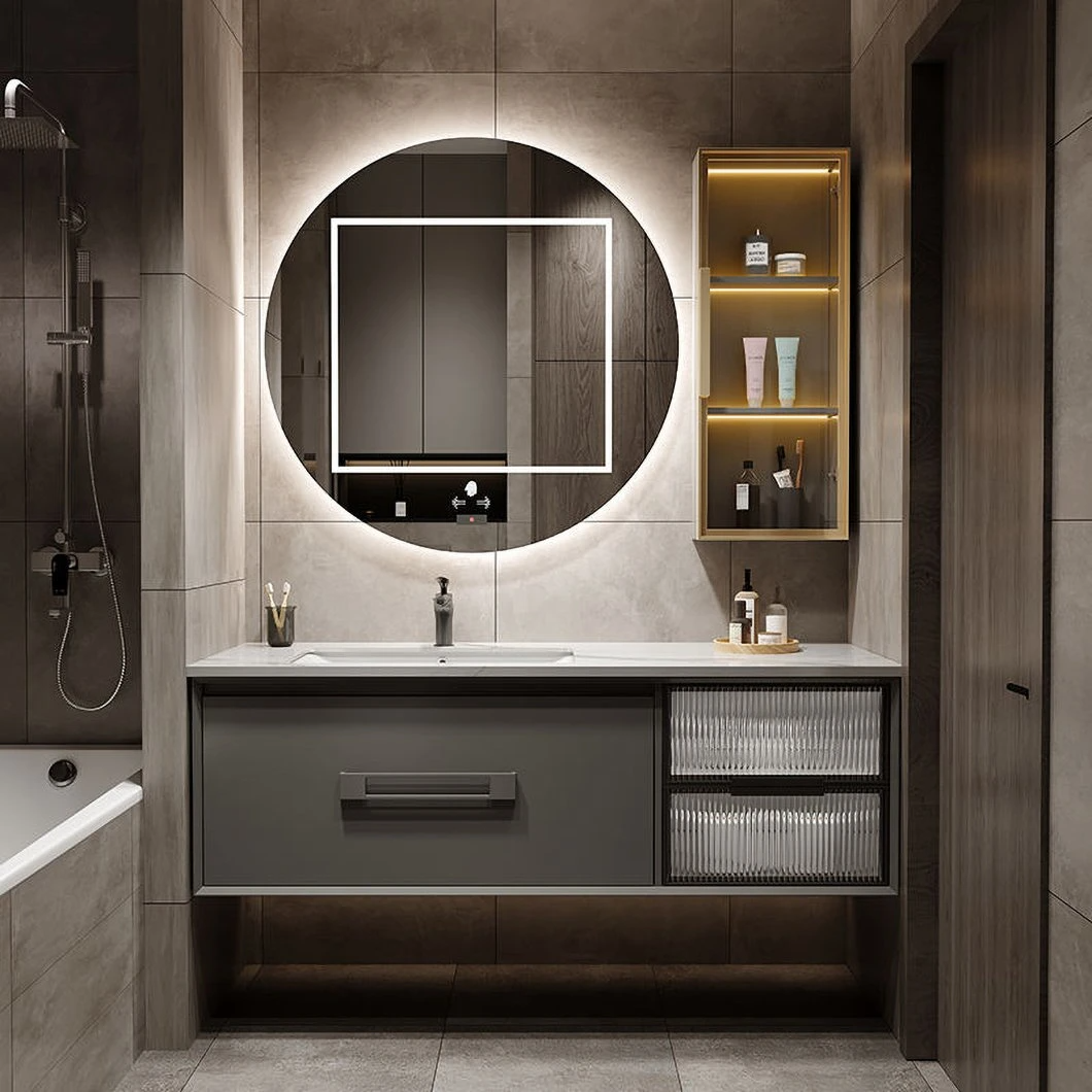 Combinazione di armadietti da bagno per lavabo integrato in ceramica a specchio LED intelligente di lusso con luce minimalista OEM