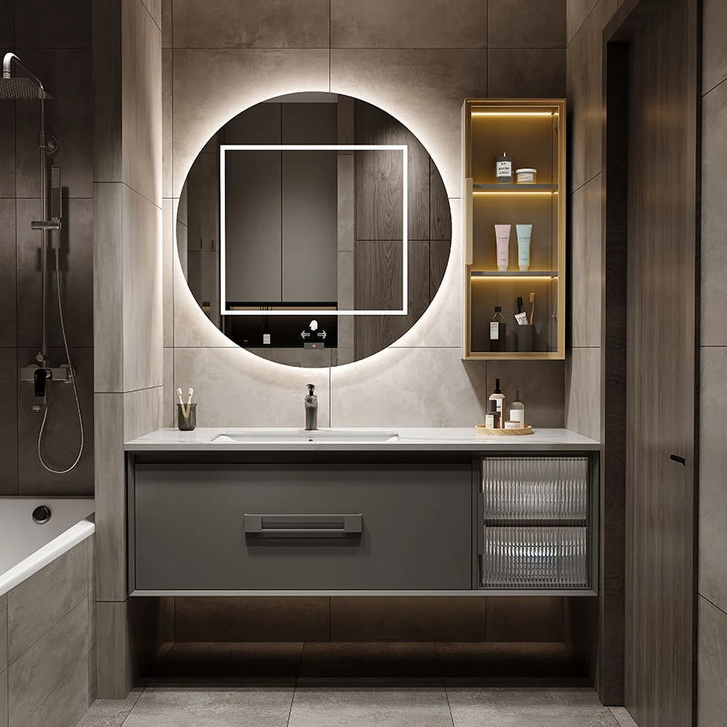 Combinazione di armadietti da bagno per lavabo integrato in ceramica a specchio LED intelligente di lusso con luce minimalista OEM