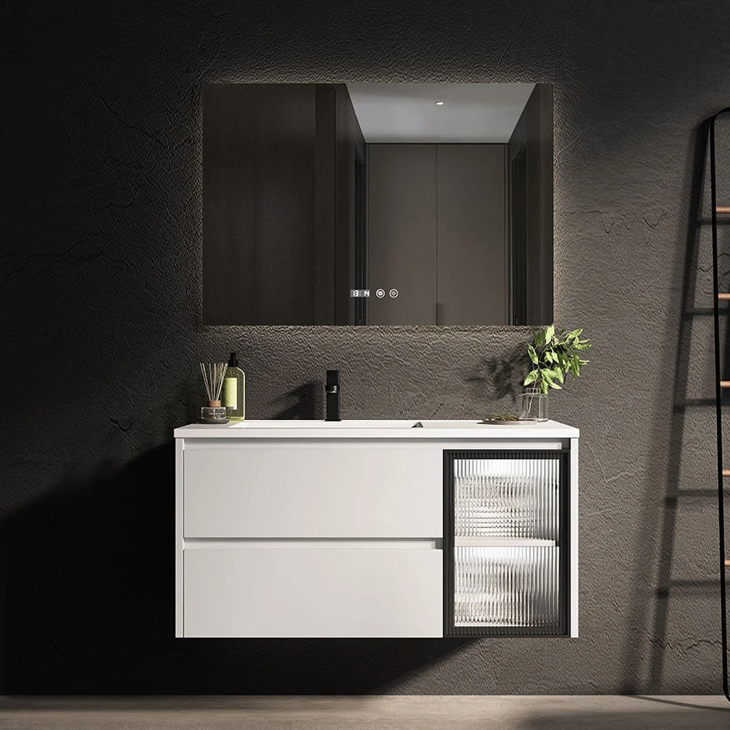 Mobile da bagno per lavabo minimalista in legno con illuminazione a specchio intelligente con combinazione nordica moderna OEM