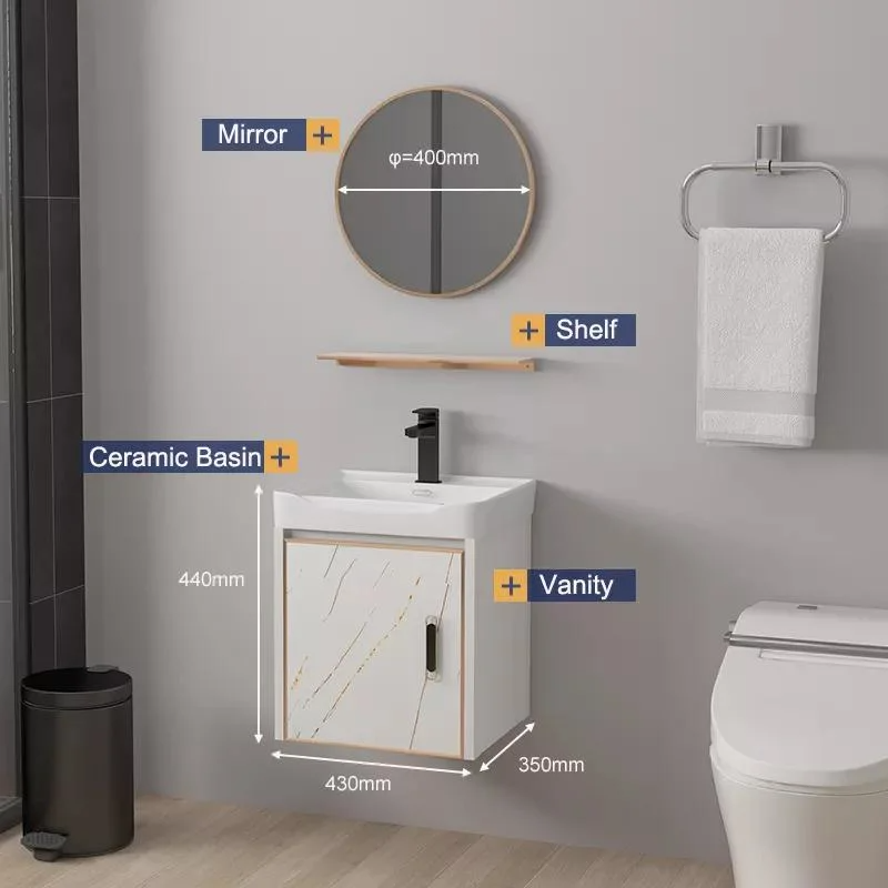 Specchio moderno impermeabile per montaggio a parete Mobiletto in alluminio Piccolo set di vanità Vanità da bagno con lavandino