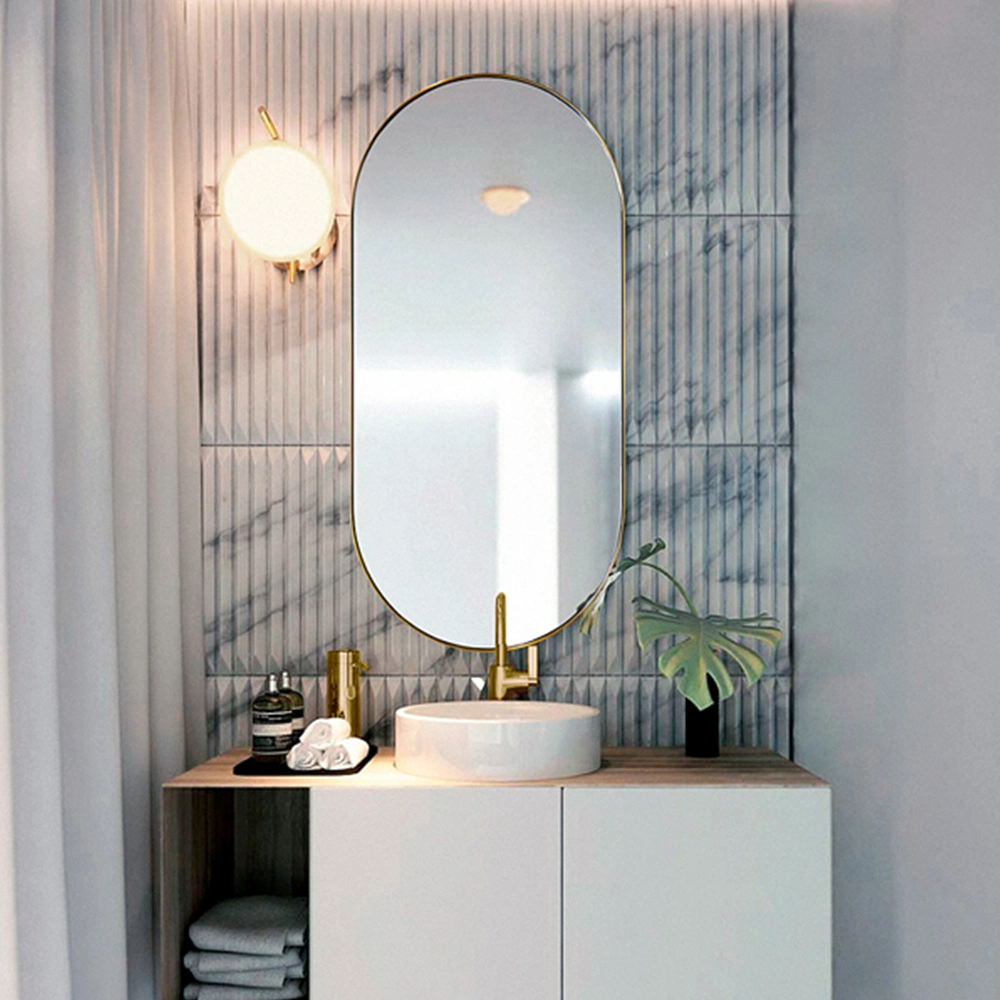 Specchio da toeletta da bagno antico in bronzo lungo da barba ovale da parete nuovo argento