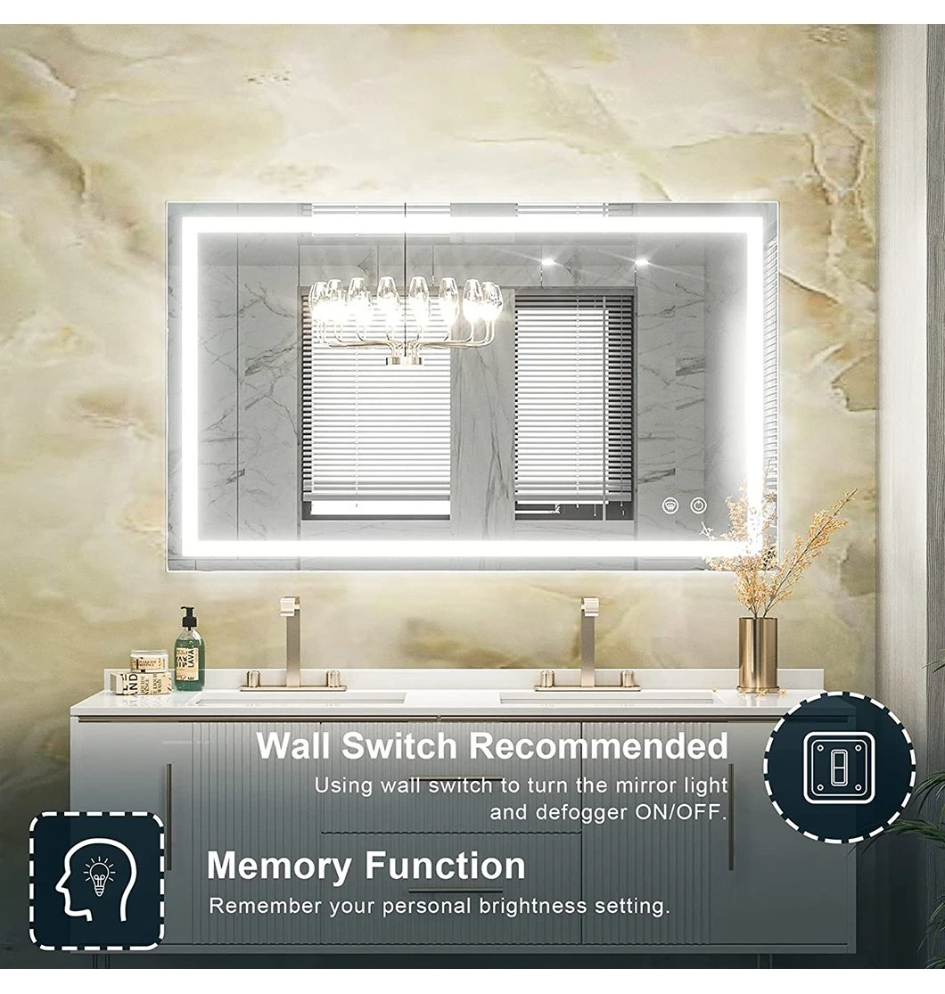 Decorazioni per la casa Bagno a parete Sensore tattile Bluetooth Vetro a specchio LED rettangolare