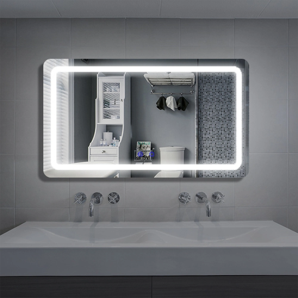 Specchio per lavabo intelligente decorativo per la casa di lusso Specchio per toeletta in vetro da parete retroilluminato senza cornice per bagno a LED