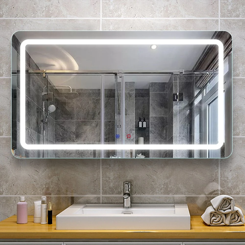 Specchio per lavabo intelligente decorativo per la casa di lusso Specchio per toeletta in vetro da parete retroilluminato senza cornice per bagno a LED