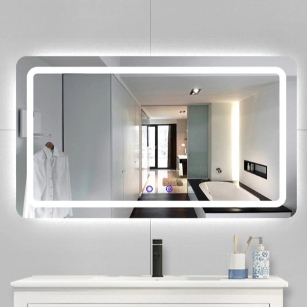 Specchio per lavabo intelligente decorativo per la casa di lusso Specchio per toeletta in vetro da parete retroilluminato senza cornice per bagno a LED